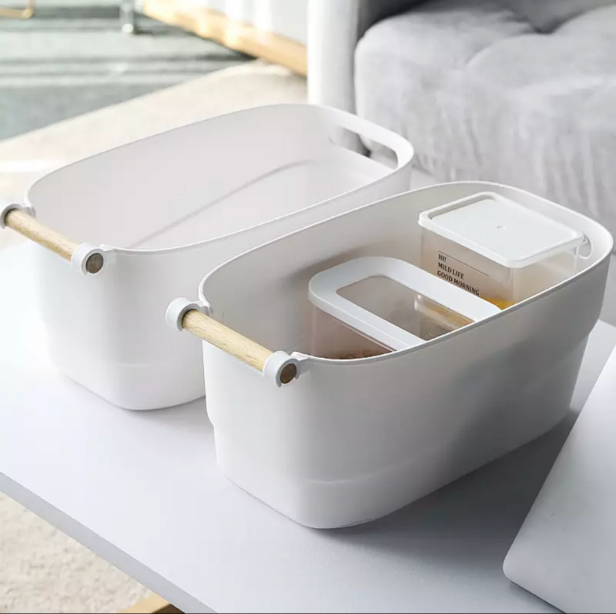 Bathroom storage baskets box organiser container bin with wooden handle - pack of 1