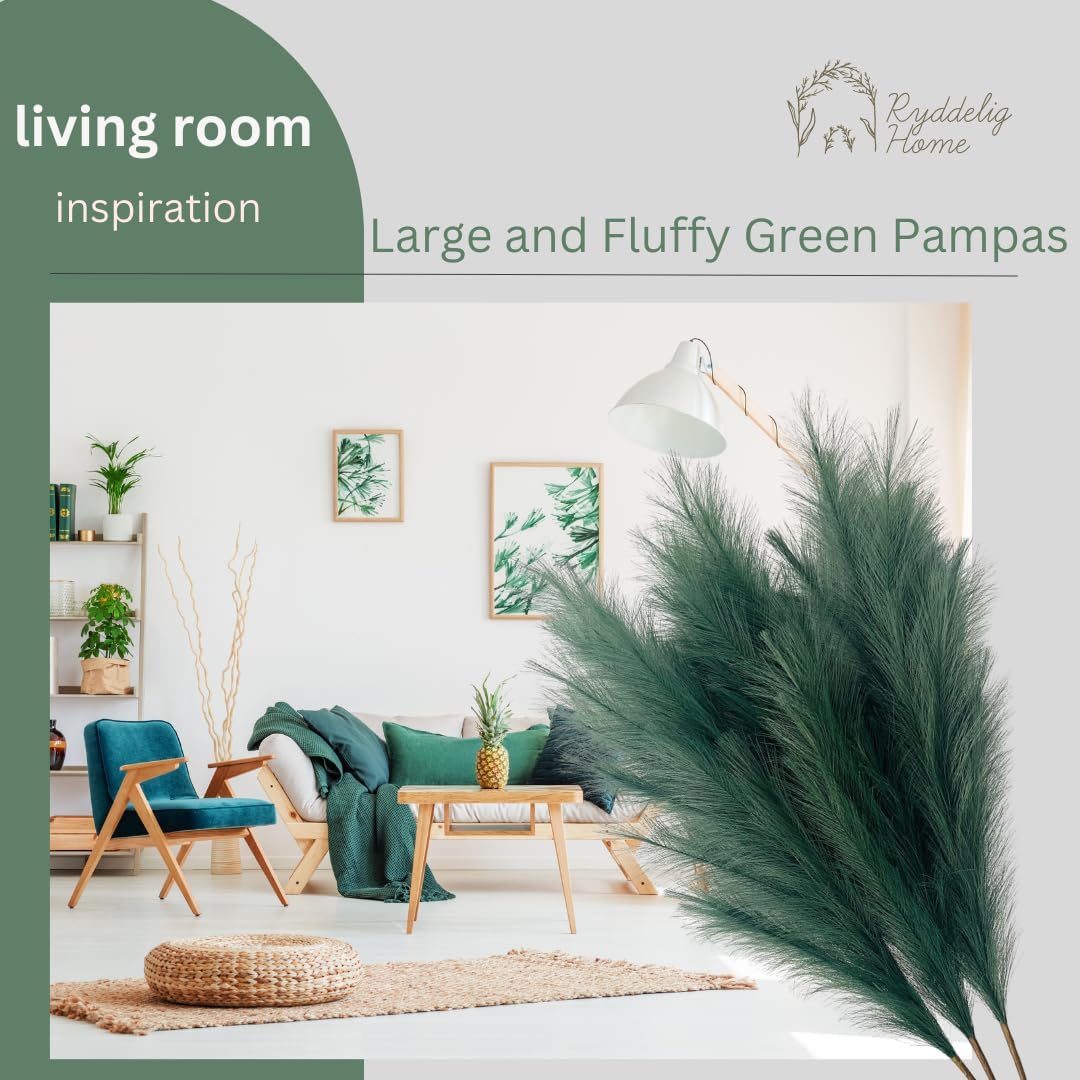 RyddeligHome 3 x Emerald Green Pampas Grass Stems Feathers, Large Pampas Grass Decor Tall for Boho Green Accent Decor Living Room Bedroom, Forest Emerald Green House Decor, Plumas para Decoraciones