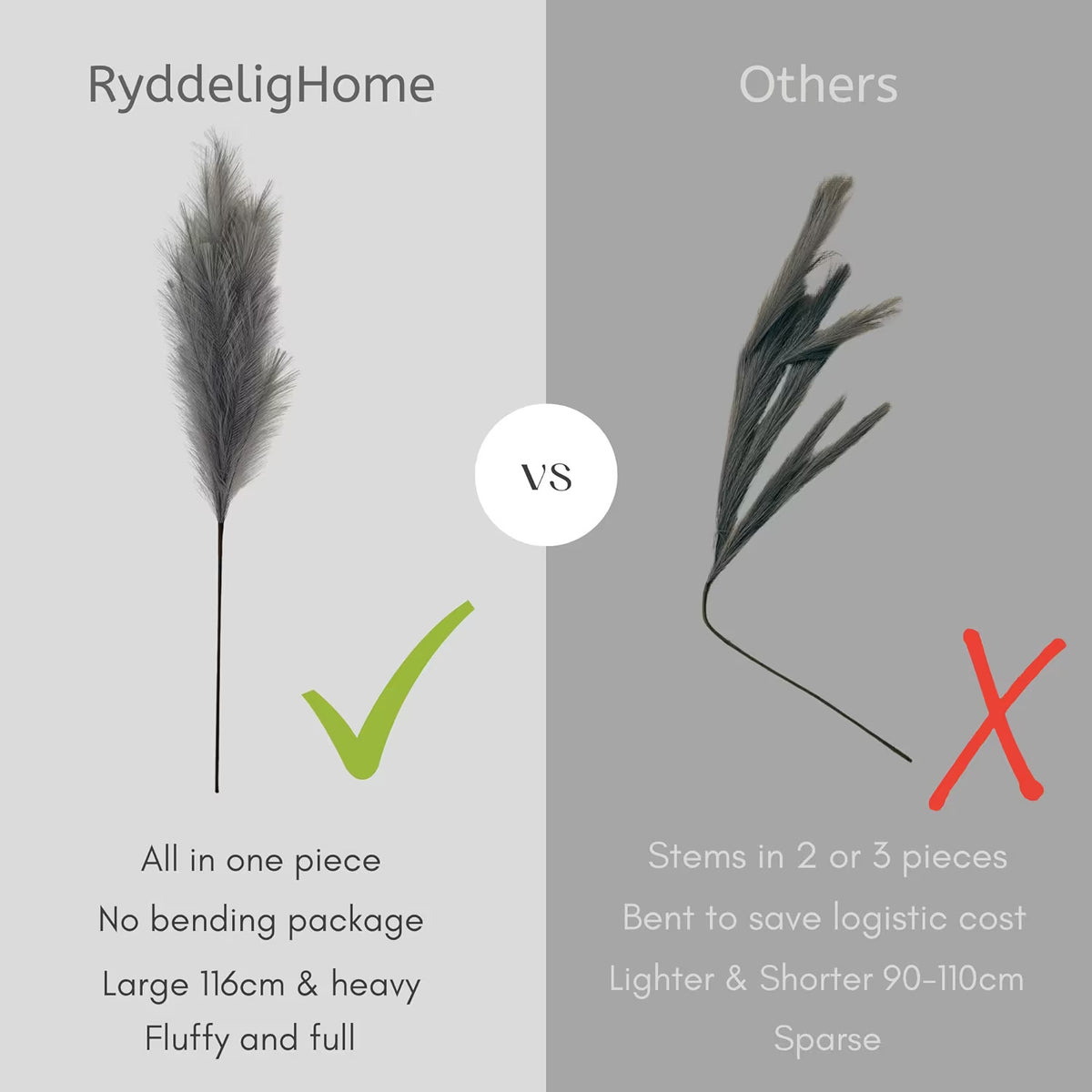 Grey Pampas Grass Fluffy, Faux Large Pampas Grass Grey, Artificial Pampas Grass UK Large Plants, Grey Feathers Decorative Home Accessories, Large Ornaments For Floor Vase Room Décor