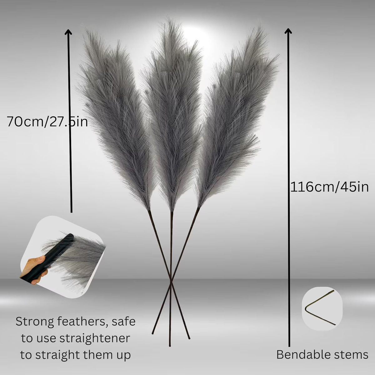Grey Pampas Grass Fluffy, Faux Large Pampas Grass Grey, Artificial Pampas Grass UK Large Plants, Grey Feathers Decorative Home Accessories, Large Ornaments For Floor Vase Room Décor
