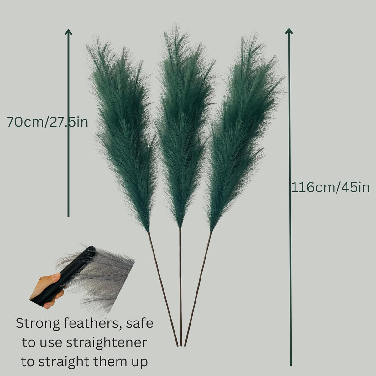 RyddeligHome 3 x Emerald Green Pampas Grass Stems Feathers, Large Pampas Grass Decor Tall for Boho Green Accent Decor Living Room Bedroom, Forest Emerald Green House Decor, Plumas para Decoraciones