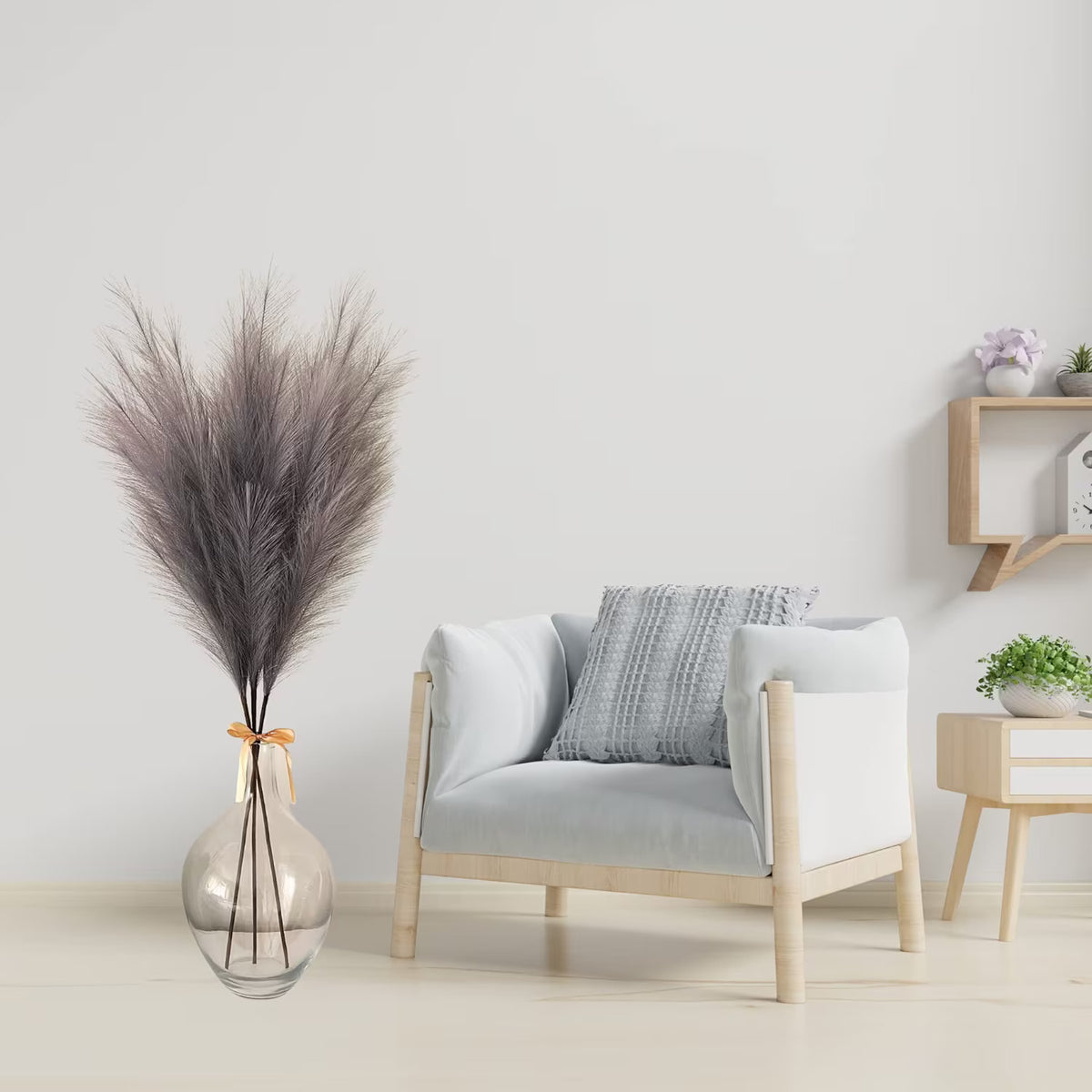 Grey Pampas Grass Fluffy, Faux Large Pampas Grass Grey, Artificial Pampas Grass UK Large Plants, Grey Feathers Decorative Home Accessories, Large Ornaments For Floor Vase Room Décor