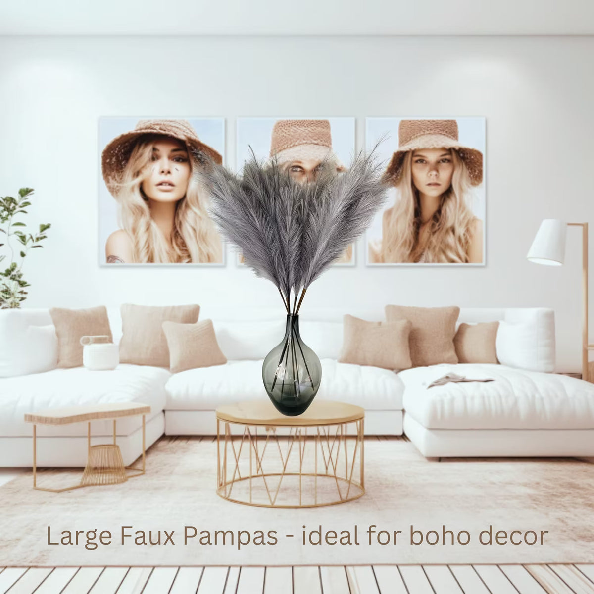 Grey Pampas Grass Fluffy, Faux Large Pampas Grass Grey, Artificial Pampas Grass UK Large Plants, Grey Feathers Decorative Home Accessories, Large Ornaments For Floor Vase Room Décor