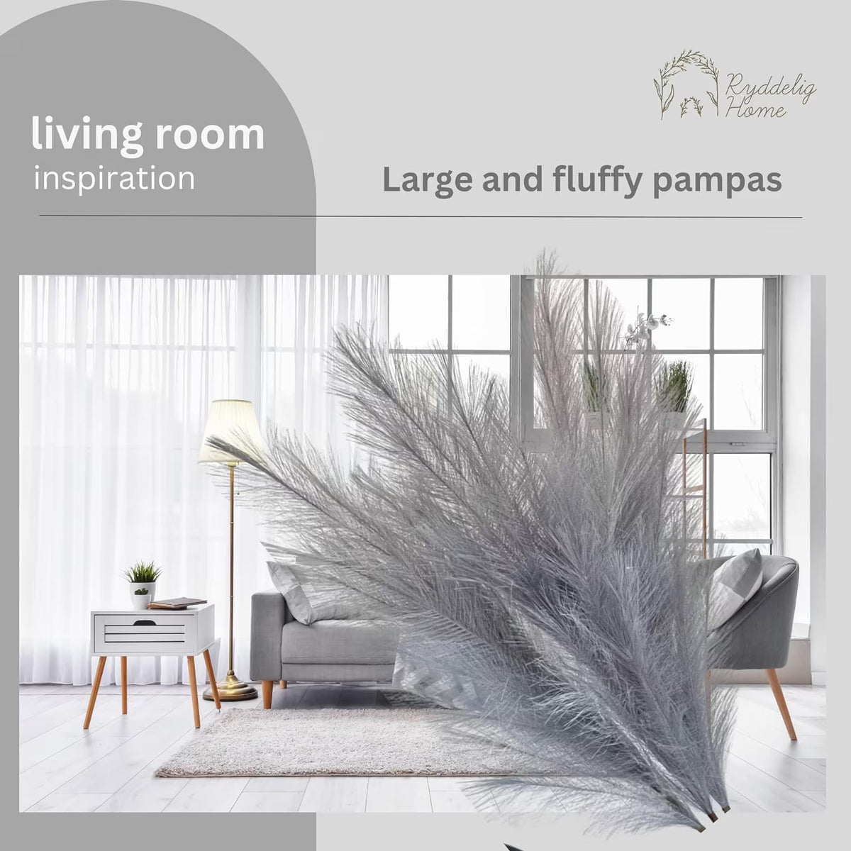 Grey Pampas Grass Fluffy, Faux Large Pampas Grass Grey, Artificial Pampas Grass UK Large Plants, Grey Feathers Decorative Home Accessories, Large Ornaments For Floor Vase Room Décor