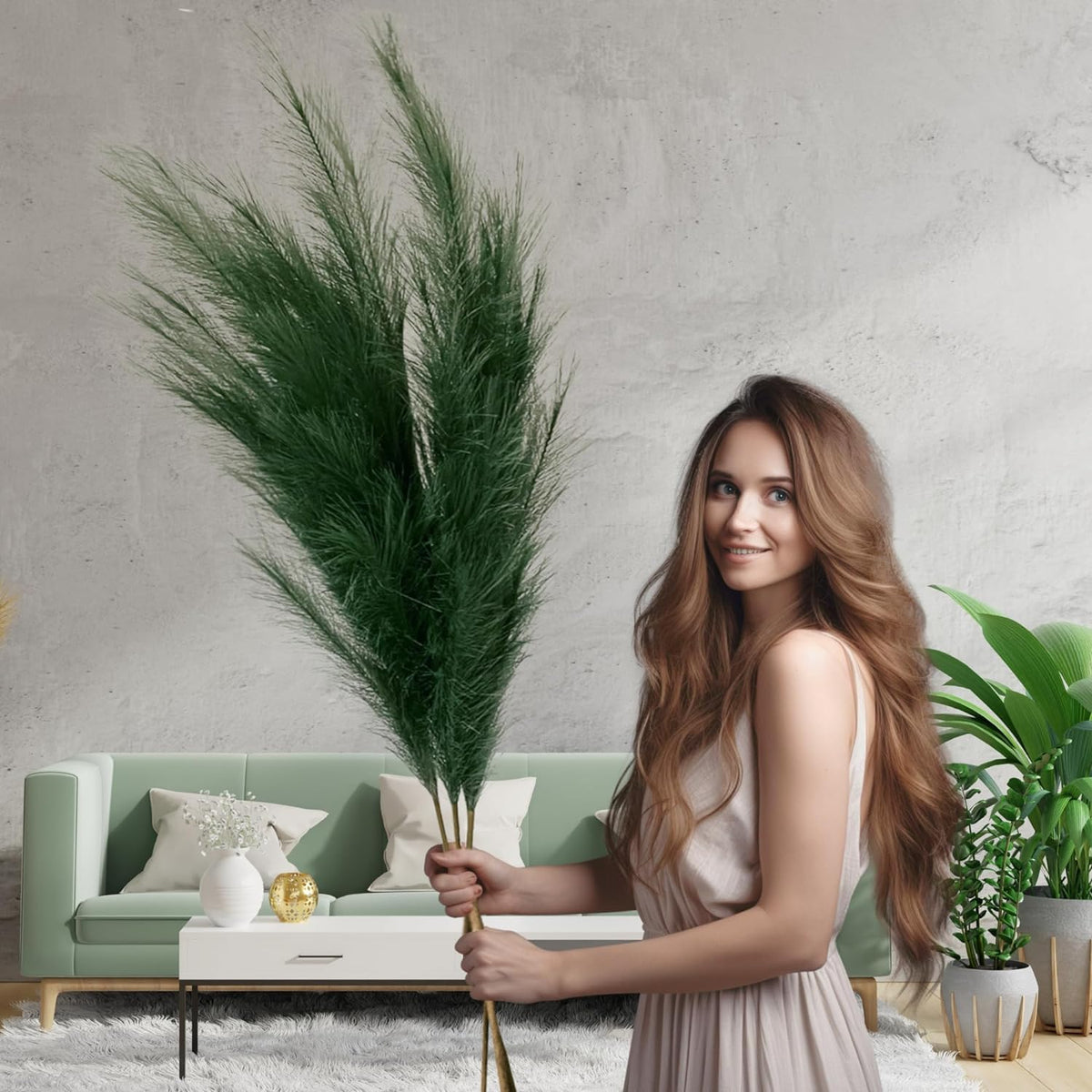RyddeligHome 3 x Emerald Green Pampas Grass Stems Feathers, Large Pampas Grass Decor Tall for Boho Green Accent Decor Living Room Bedroom, Forest Emerald Green House Decor, Plumas para Decoraciones