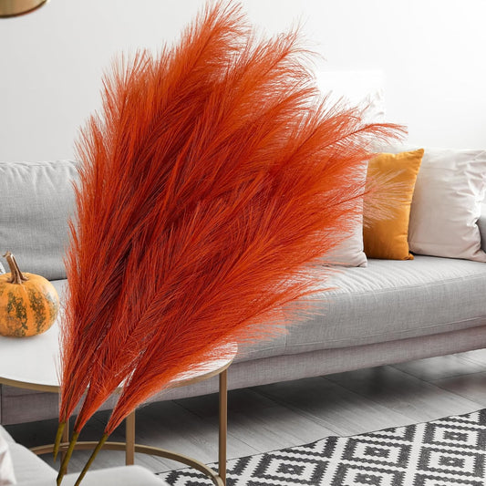 Faux Orange Pampas Grass For Large Floor Vase and Ornaments, 3 stems Decorative Artificial Flora Autumnal Decorations Accessories, Autumn Stems Wedding Decorations, Burnt Orange Decor, Long Feathers