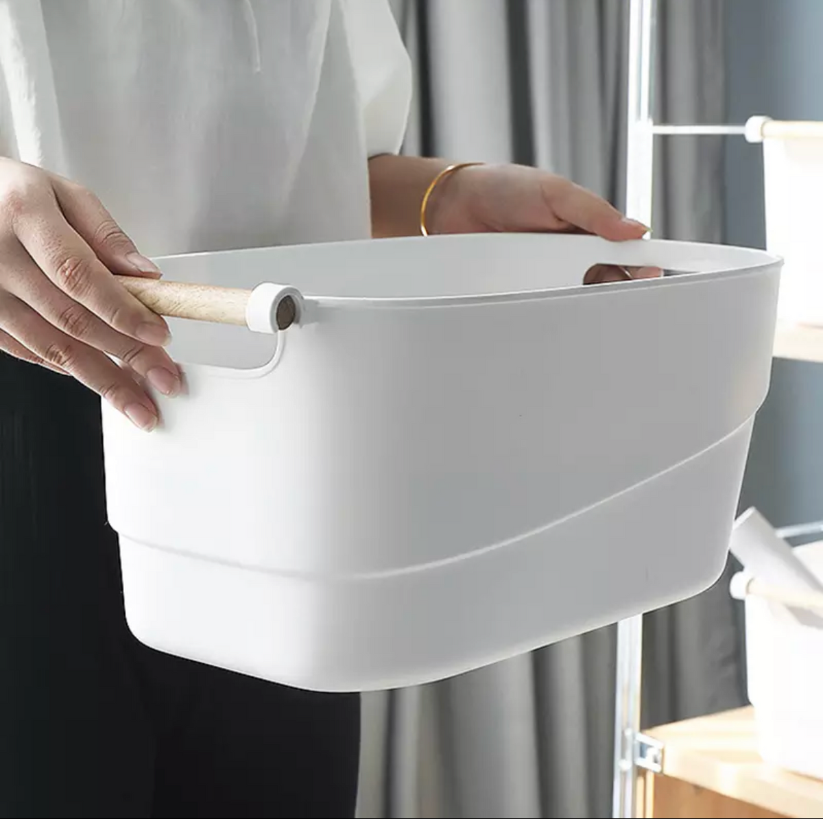 Bathroom storage baskets box organiser container bin with wooden handle - pack of 1