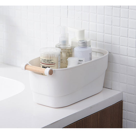 Bathroom storage baskets box organiser container bin with wooden handle - pack of 1